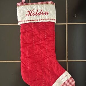 Pottery Barn Red and White Quilted Holiday Stocking embroidered with name Holden